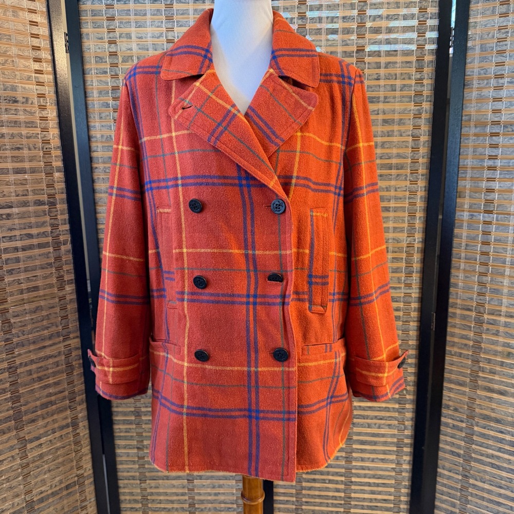 Sundance Courtney Peacoat L Ginger Plaid Orange Double Breasted Wool Blend